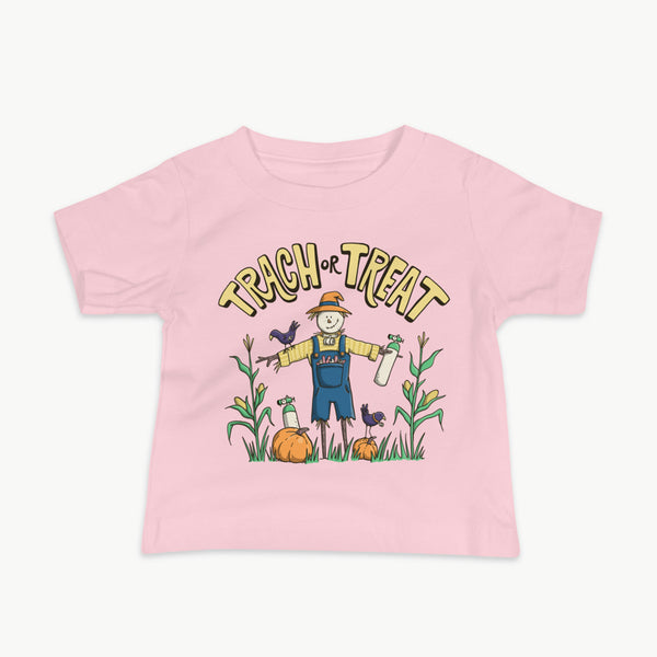 Trach or Treat Halloween baby t-shirt in pink, scarecrow with oxygen tanks for trach babies and infants by StomaStoma