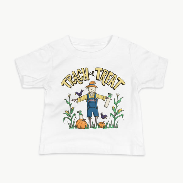 Trach or Treat Halloween baby t-shirt in white, scarecrow with oxygen tanks for trach babies and infants by StomaStoma