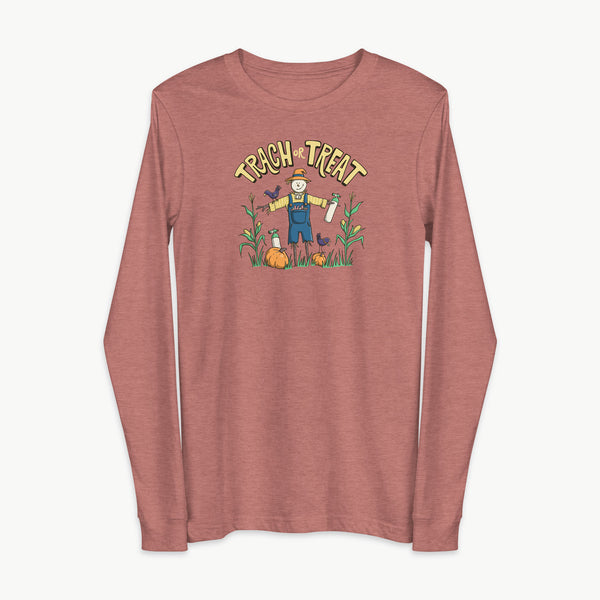 Trach or Treat Halloween tracheostomy long sleeve shirt in heather mauve, scarecrow with oxygen tanks, adult unisex by StomaStoma