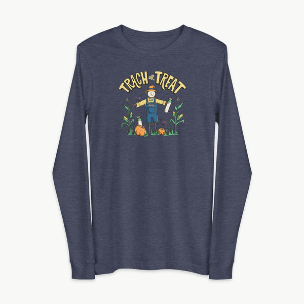 Trach or Treat Halloween tracheostomy long sleeve shirt in heather navy, scarecrow with oxygen tanks, adult unisex by StomaStoma