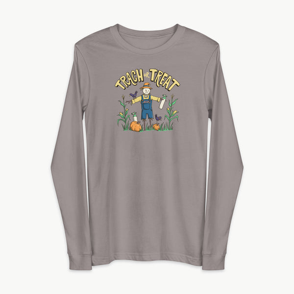 Trach or Treat Halloween tracheostomy long sleeve shirt in heather slate, scarecrow with oxygen tanks, adult unisex by StomaStoma