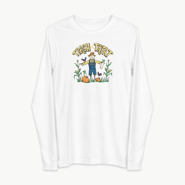 Trach or Treat Halloween tracheostomy long sleeve shirt in white, scarecrow with oxygen tanks, adult unisex by StomaStoma