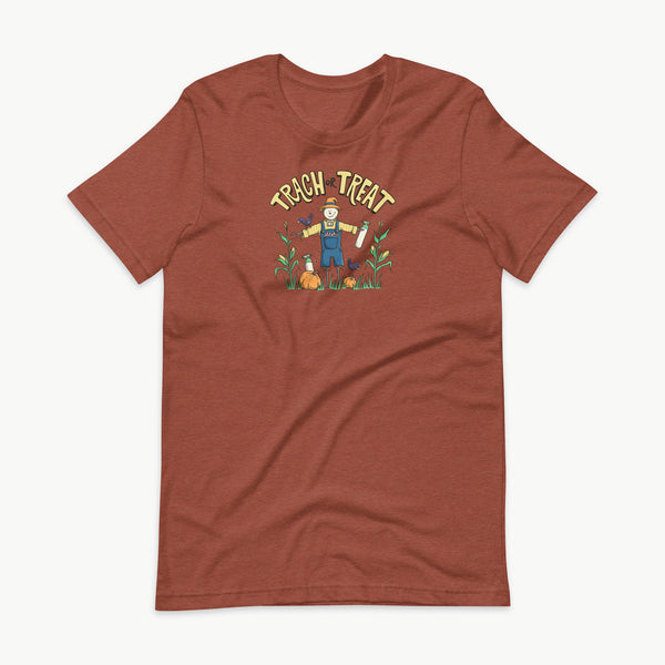 Trach or Treat Halloween tracheostomy t-shirt in heather clay, scarecrow with oxygen tanks, adult unisex tee by StomaStoma