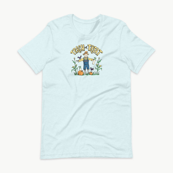 Trach or Treat Halloween tracheostomy t-shirt in heather ice blue, scarecrow with oxygen tanks, adult unisex tee by StomaStoma