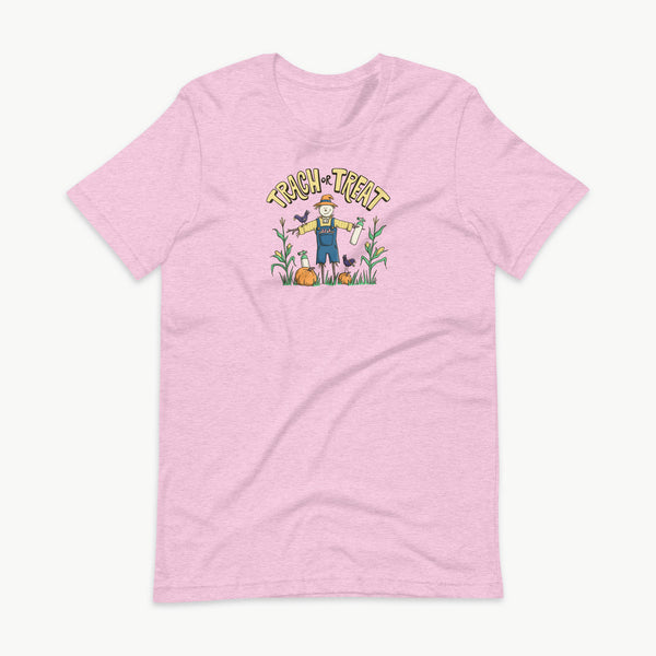 Trach or Treat Halloween tracheostomy t-shirt in heather prism lilac, scarecrow with oxygen tanks, adult unisex tee by StomaStoma