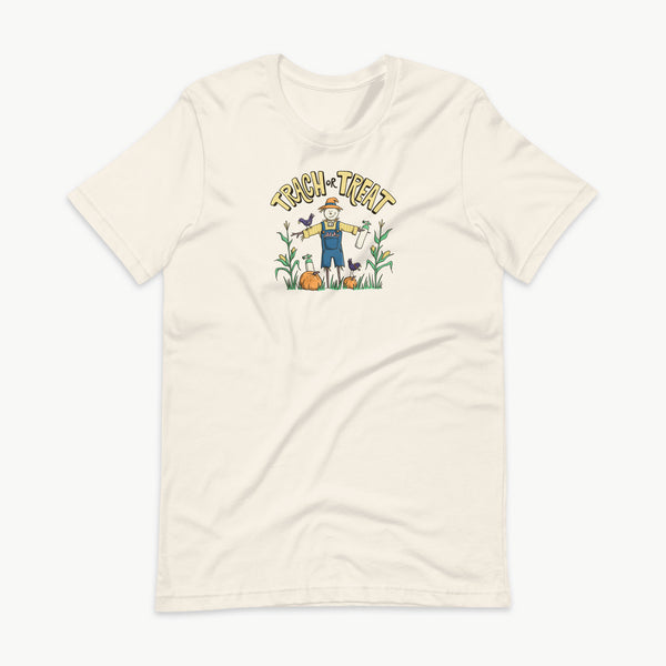 Trach or Treat Halloween tracheostomy t-shirt in vintage white, scarecrow with oxygen tanks, adult unisex tee by StomaStoma