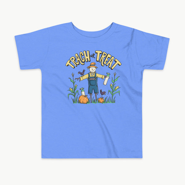 Trach or Treat Halloween toddler t-shirt in heather columbia blue, scarecrow with oxygen tanks for trach kids by StomaStoma
