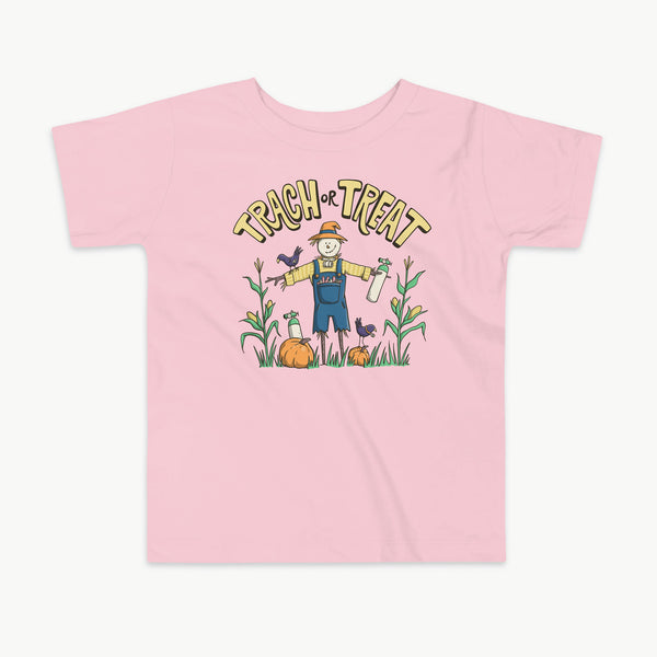 Trach or Treat Halloween toddler t-shirt in pink, scarecrow with oxygen tanks for trach kids by StomaStoma