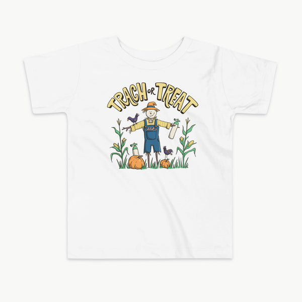 Trach or Treat Halloween toddler t-shirt in white, scarecrow with oxygen tanks for trach kids by StomaStoma