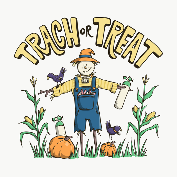 Trach or Treat Scarecrow artwork close-up, StomaStoma Halloween tracheostomy design