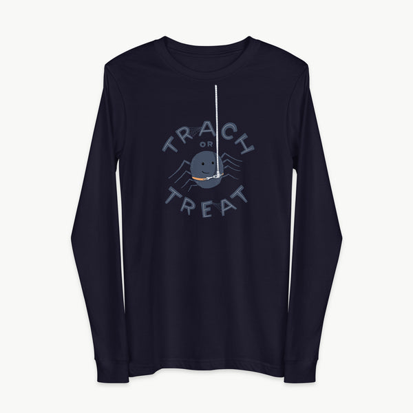 Trach or Treat Spider adult long sleeve t-shirt in Navy, front view