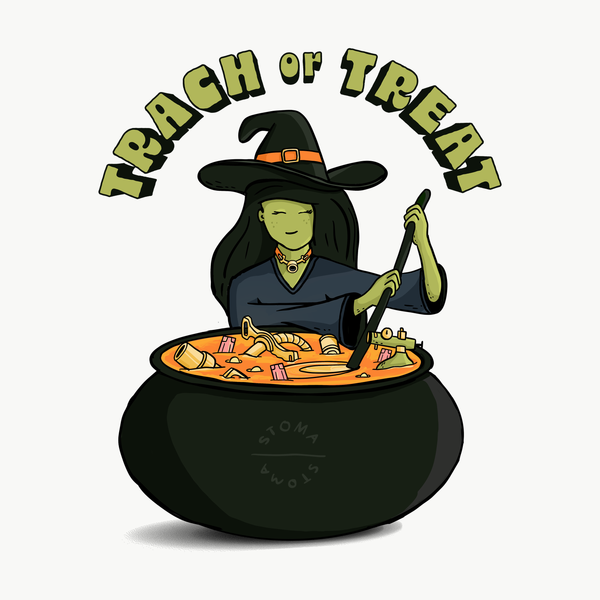 Trach or Treat Witch artwork close-up, StomaStoma Halloween tracheostomy design