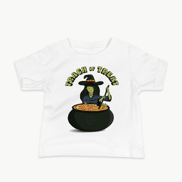 Trach or Treat Witch infant t-shirt in White, front view