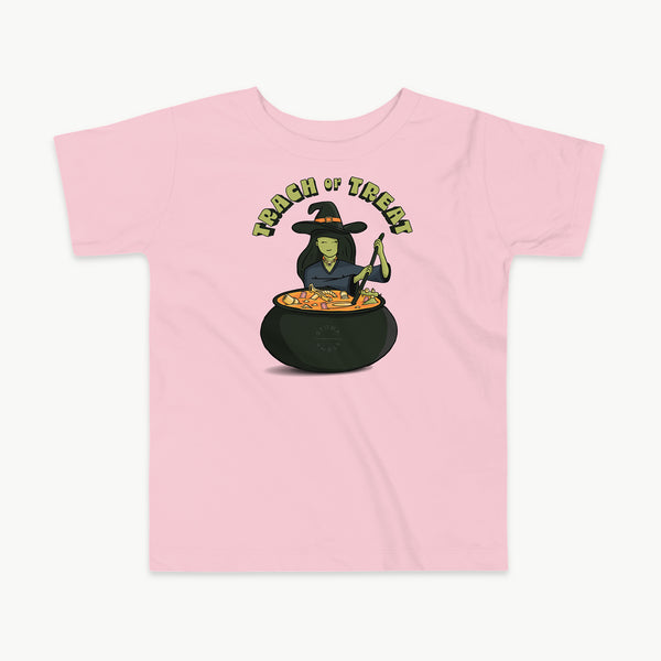 Trach or Treat Witch kids t-shirt in Pink, front view