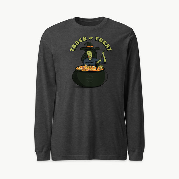Trach or Treat Witch adult long sleeve t-shirt in Dark Grey Heather, front view