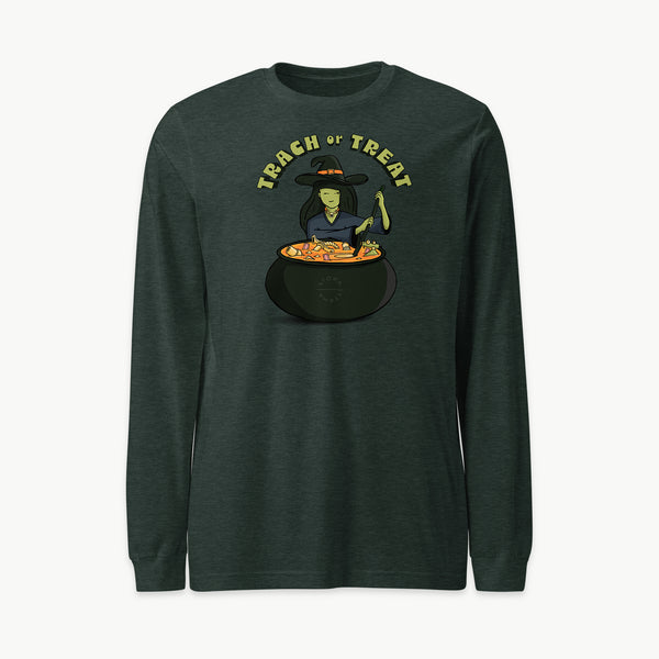 Trach or Treat Witch adult long sleeve t-shirt in Heather Forest, front view