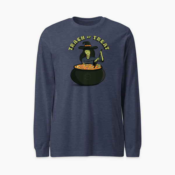 Trach or Treat Witch adult long sleeve t-shirt in Heather Navy, front view