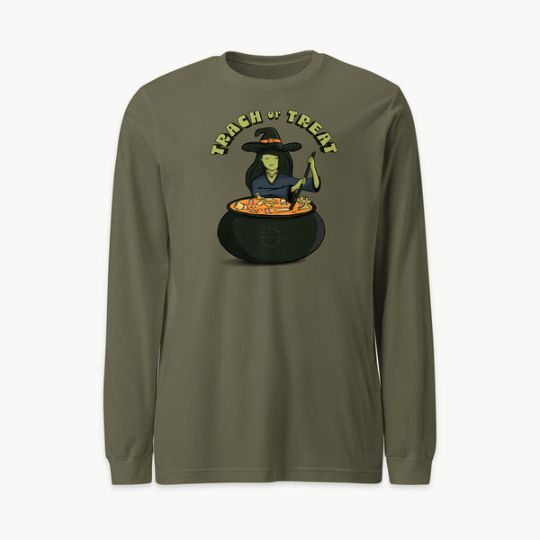 Trach or Treat Witch adult long sleeve t-shirt in Military Green, front view