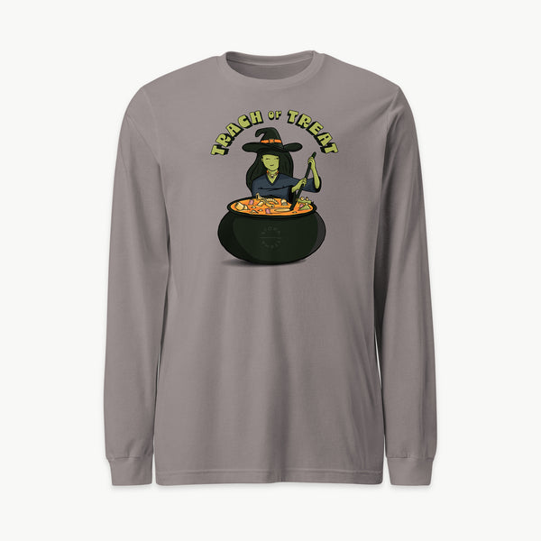 Trach or Treat Witch adult long sleeve t-shirt in Storm, front view