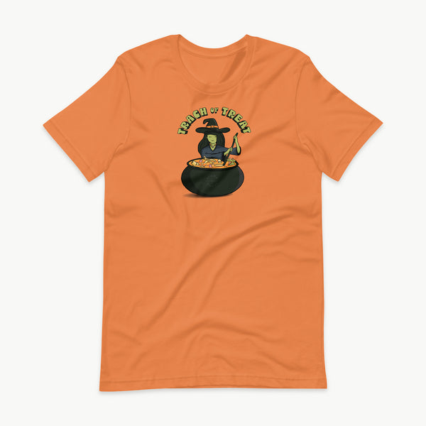 Trach or Treat Witch adult t-shirt in Burnt Orange, front view