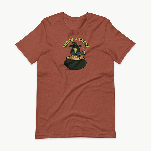 Trach or Treat Witch adult t-shirt in Heather Clay, front view