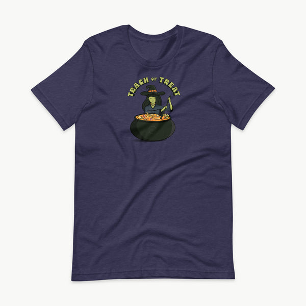 Trach or Treat Witch adult t-shirt in Heather Midnight Navy, front view