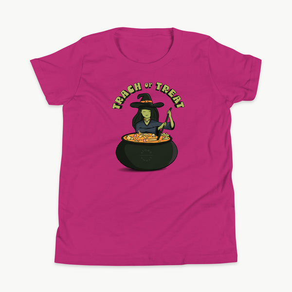Trach or Treat Witch youth t-shirt in Berry, front view