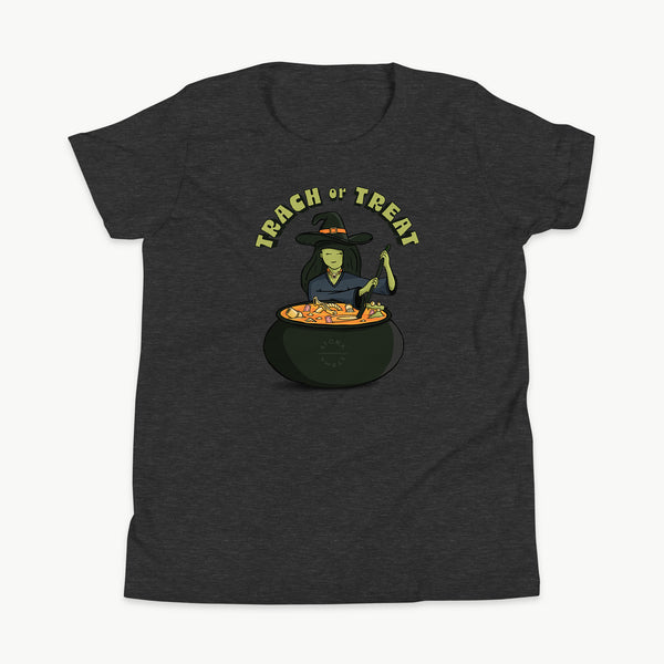 Trach or Treat Witch youth t-shirt in Dark Grey Heather, front view