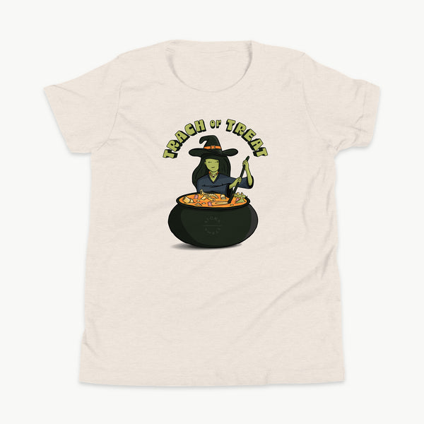 Trach or Treat Witch youth t-shirt in Heather Dust, front view