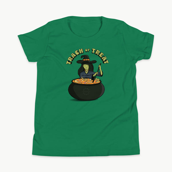 Trach or Treat Witch youth t-shirt in Kelly, front view
