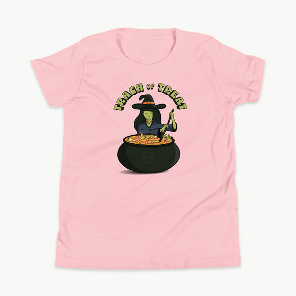 Trach or Treat Witch youth t-shirt in Pink, front view