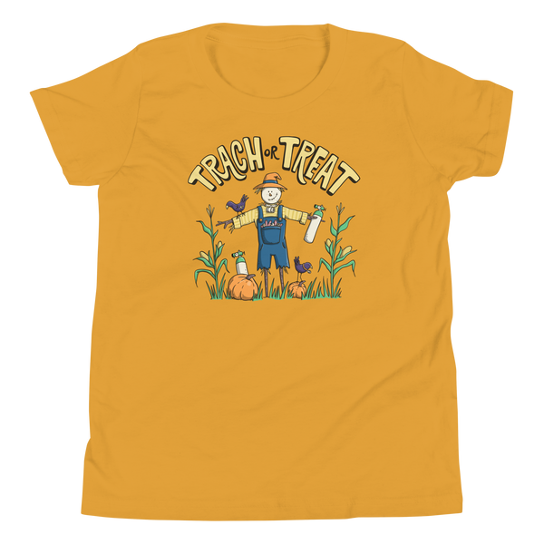 Trach or Treat Scarecrow youth t-shirt in Mustard, front view