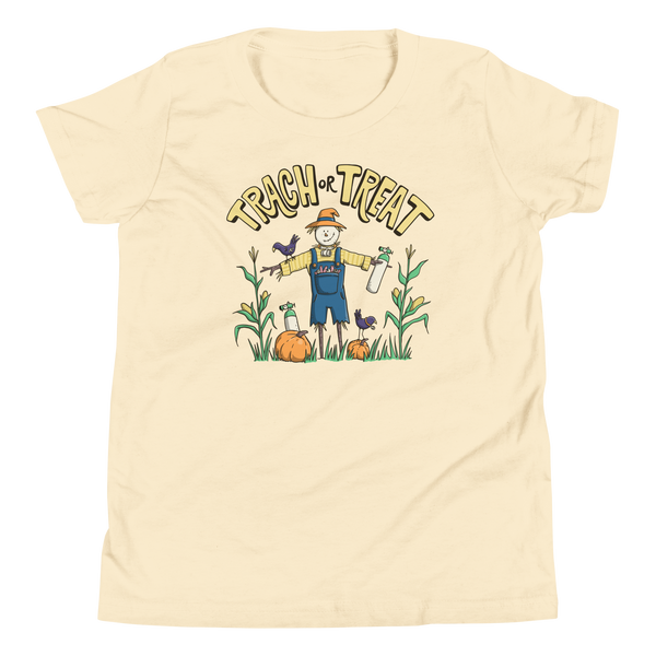 Trach or Treat Scarecrow youth t-shirt in Natural, front view