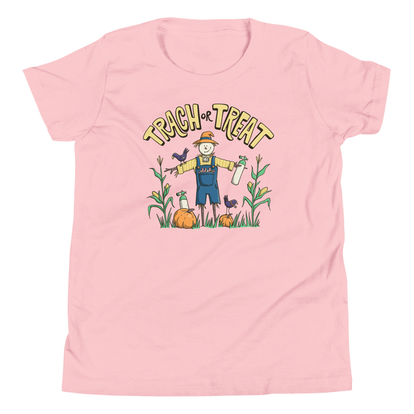 Trach or Treat Scarecrow youth t-shirt in Pink, front view
