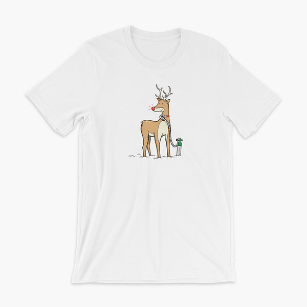 A Christmas reindeer standing in the snow with a tracheostomy or trach and a bright shiny red nose. It has Oxygen or 02 on a StomaStoma white adult t-shirt.