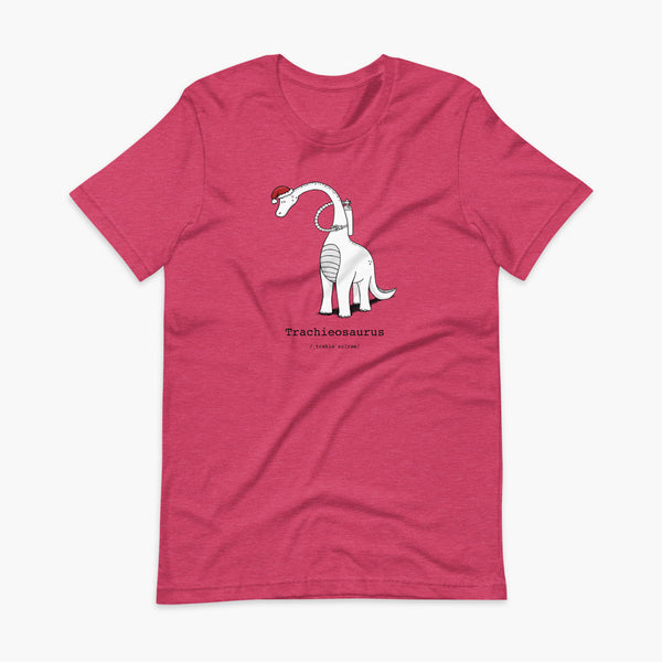 A Christmas dinosaur or trachieosaurus with a trach or tracheostomy and oxygen with a Christmas Santa hat with a stoma on a heather raspberry adult t-shirt