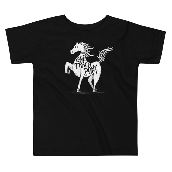 A horse or one trach pony with a trach tracheostomy in the stoma for the StomaStoma trach life on a black kids t-shirt .