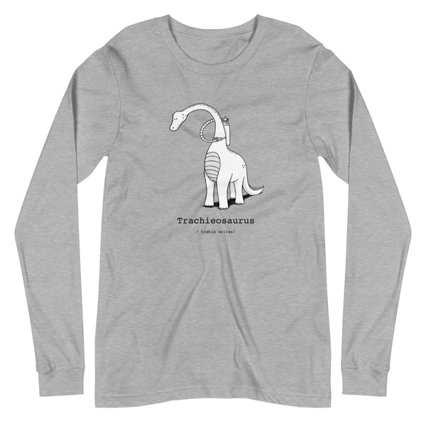 Trachieosaurus - a dinosaur with a trach or tracheostomy and oxygen on a heather grey adult long sleeve shirt